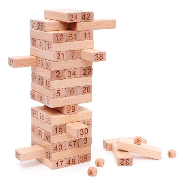 48 Pcs Wooden Zenga Building Blocks Puzzle Game and 4 Dice - Challenging, Stacking and Balancing - Math Stackers, Tumbling Tower Game for Kids and Adults