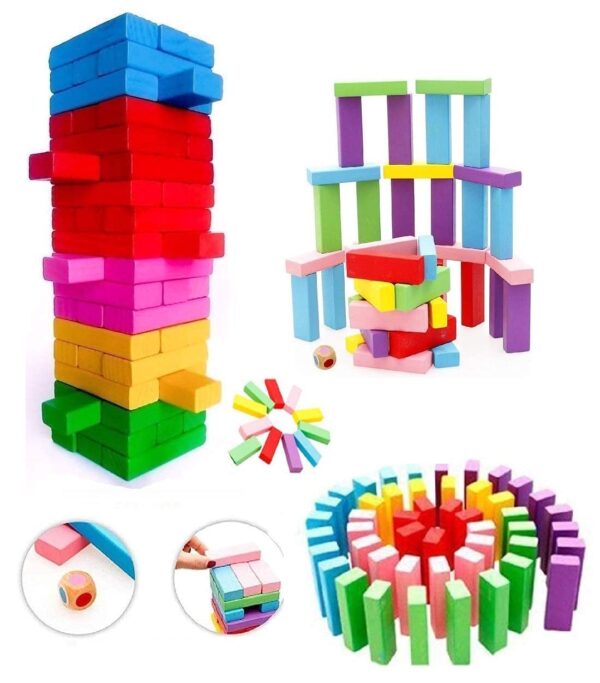 Wooden Blocks 54 Pcs Challenging Color Wooden Tumbling Tower, Wooden Zenga Toys with Dices For Kids