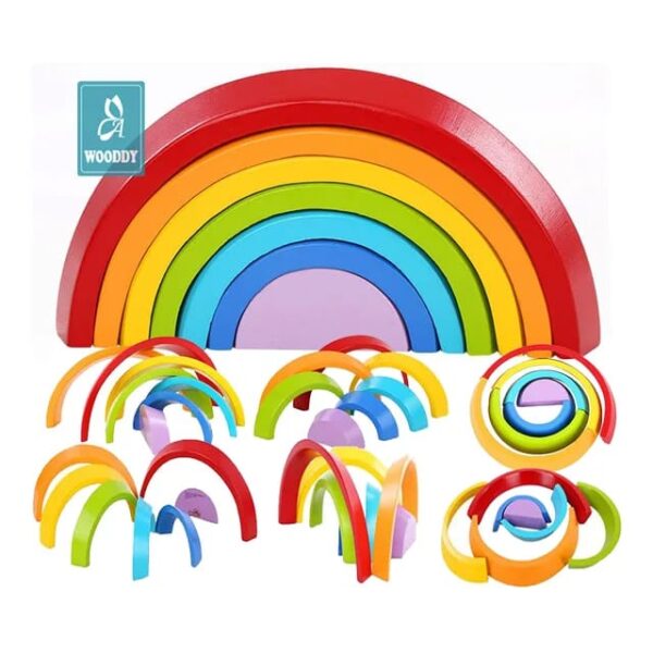 7 Pcs Wooden Rainbow Blocks Stacker Game Nesting Building Blocks for Toddlers  Montessori Educational Round Stacking Toy for Kids