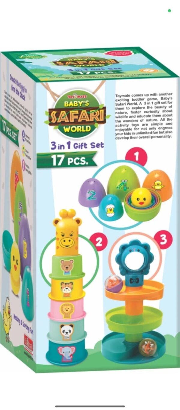 Toystor Baby’s Safari World 3-in-1 Gift Set – 17 Pcs Educational Toddler Toys for 12–36 Months, Nesting Eggs, Stacking Cups & Ball Drop Ramp, Learning Playset for Boys & Girls