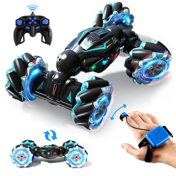 RC Stunt Car, 2.4GHz 4WD Remote Control Gesture Sensor Toy, Double Sided Rotating Off Road Vehicle 360° Flips with Lights Music, for Boys & Girls